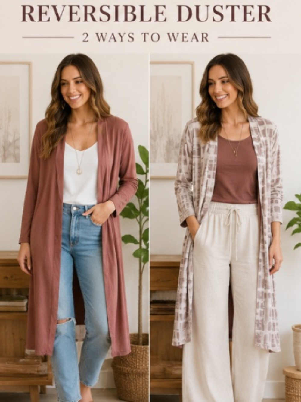 MarlaWynne Reversible Light Mauve Patterned to Mocha Open Duster Cardigan SzS